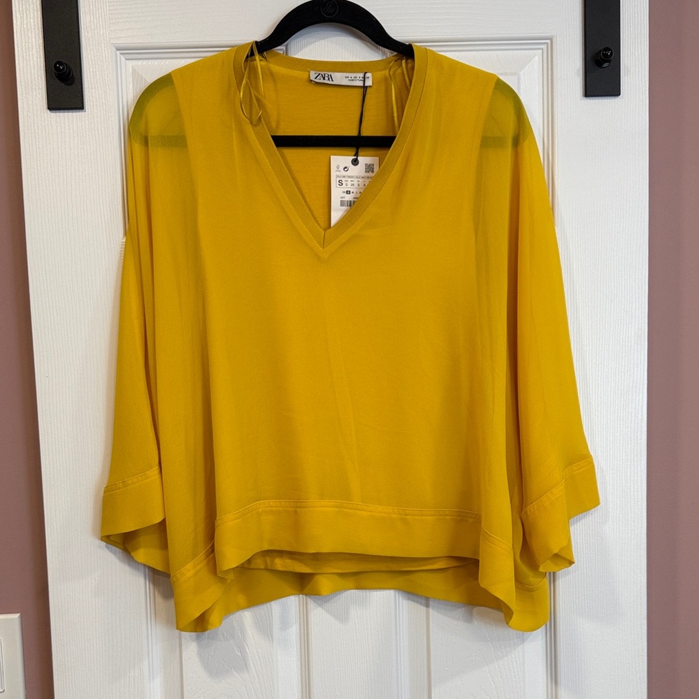 Zara Women's Yellow V-Neck Blouse